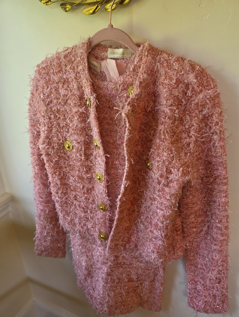 Pink Textured Jacket & Dress with Gold Buttons